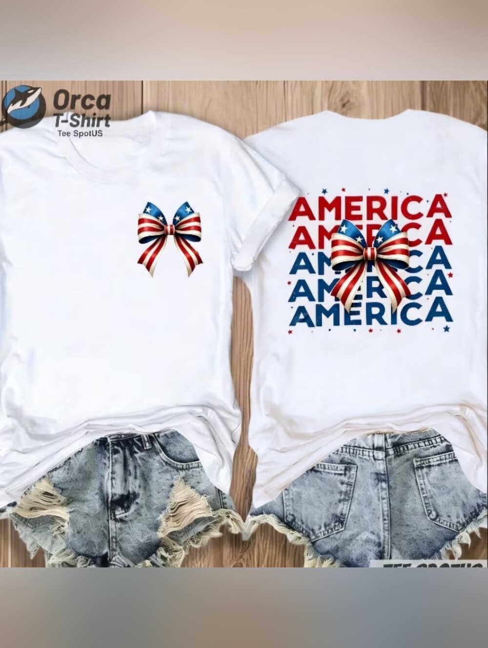 100% Cotton Women's Patriotic Bow Graphic Short Sleeve Tee - White